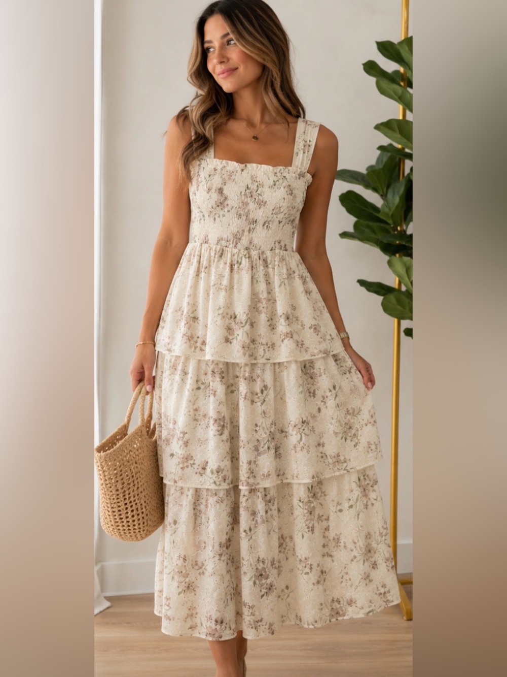 Aureum Floral Eyelet Tiered Midi Dress – Size S – NWT
